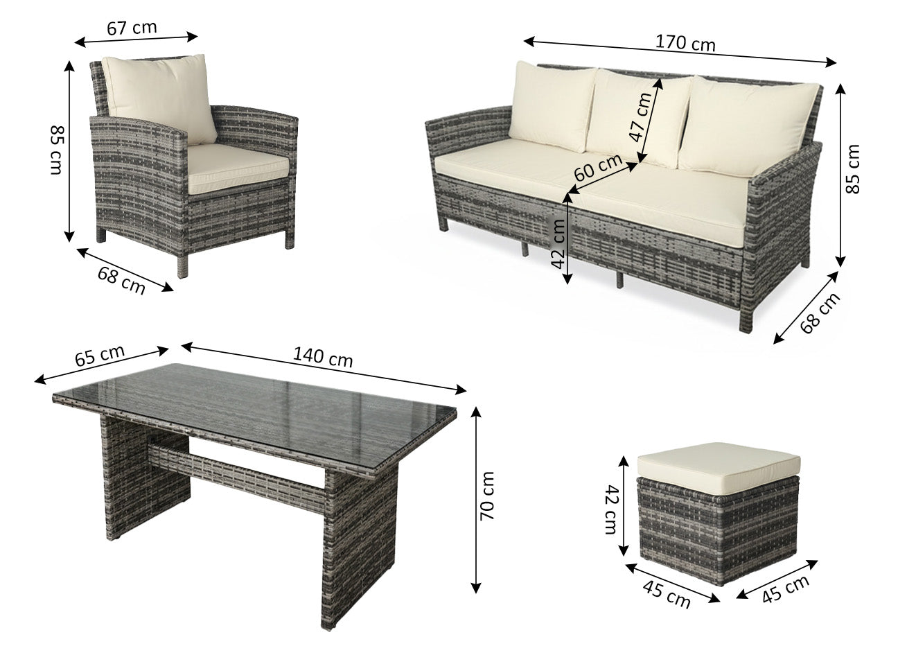 Sofa 3 Plazas + 2 Sillas + Mesa + 2 pufs en Ratan PE. Muebles de Jardin y Terraza