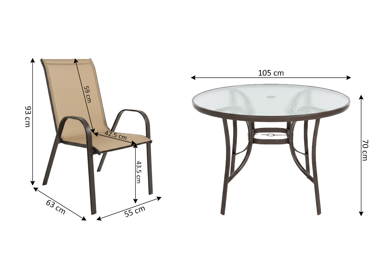 Mesa Redonda de Cristal Templado + 4 Sillas. Muebles de Jardin y Terraza