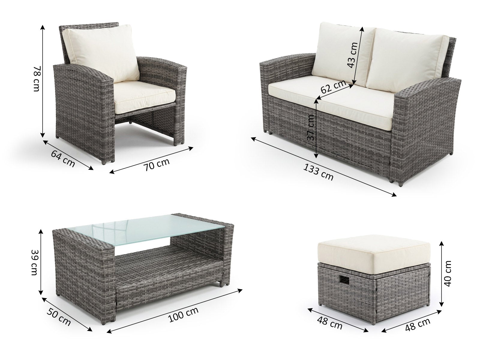 Sofa + 2 Sillones + 2 pufs + Mesa de Centro en Ratan PE. Muebles de Jardin y Terraza