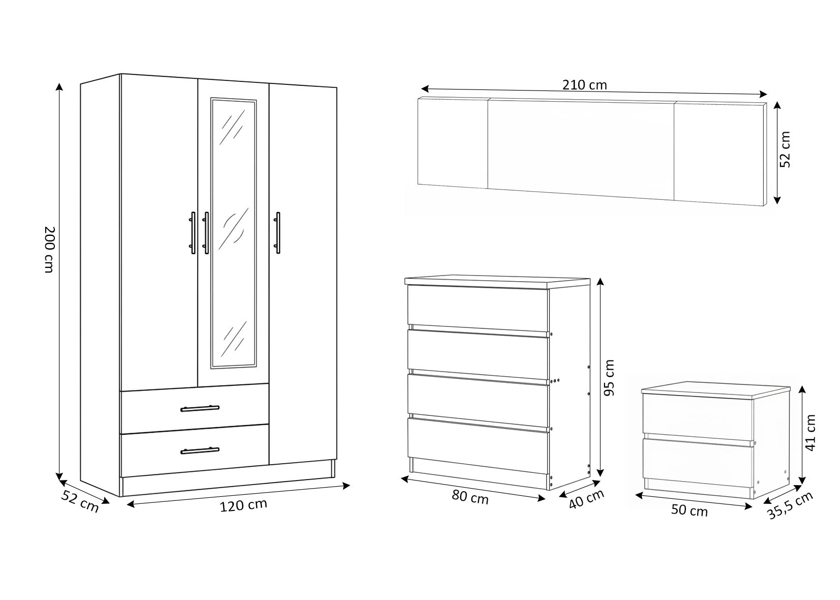 Dormitorio Completo: Armario + Comoda + 2 Mesitas de Noche + Cabecero