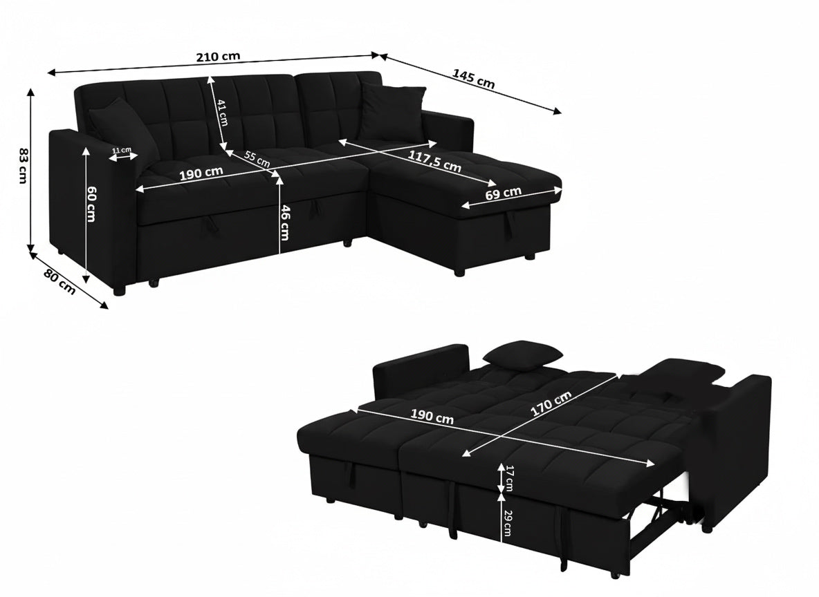 Sofa Cama Chaise Longue Kris 210cm Negro
