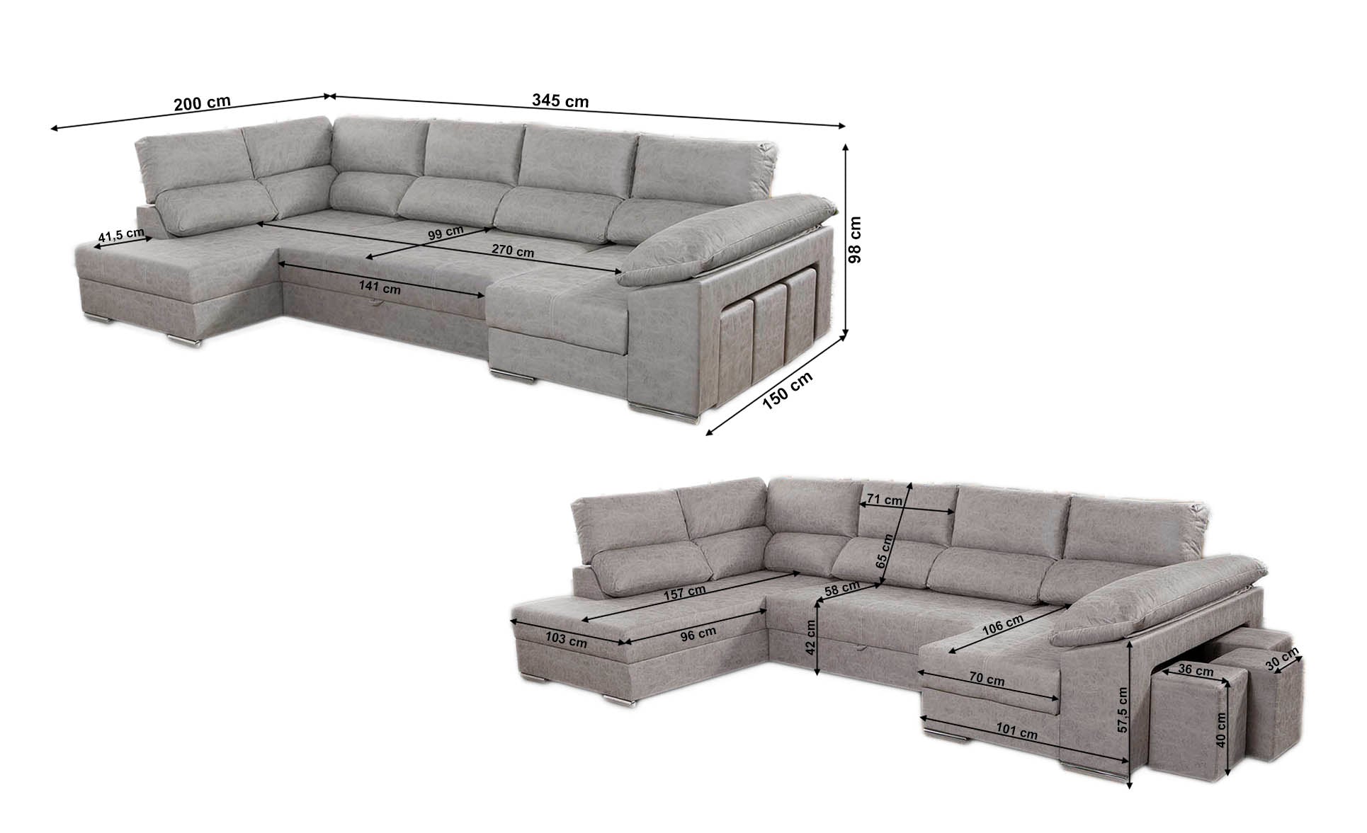 Sofa Cama Chaise Longue Cloud 345cm. Rinconera, con Arcon + 3 puffs