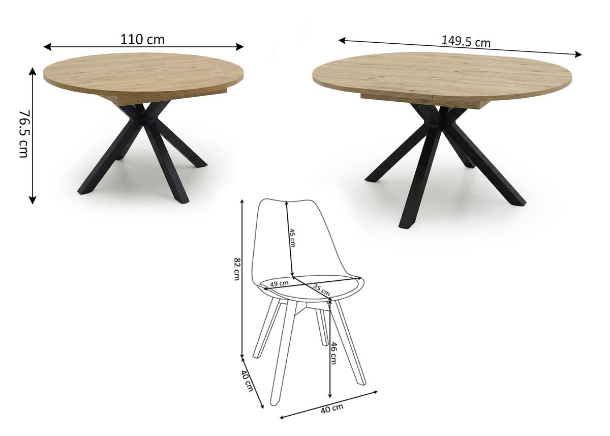 Pack Mesa Redonda Extensible Dalia + 4 Sillas Negras. Comedor o Cocina
