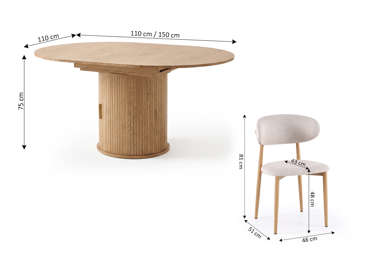 Mesa Redonda Extensible Vigo 150cm + 4 Sillas
