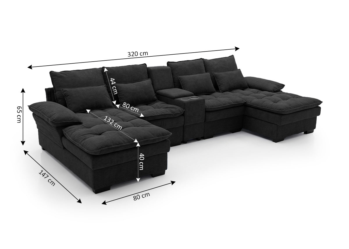 Sofa Doble Chaise Longue Stefano Negro + Portavasos 320cm