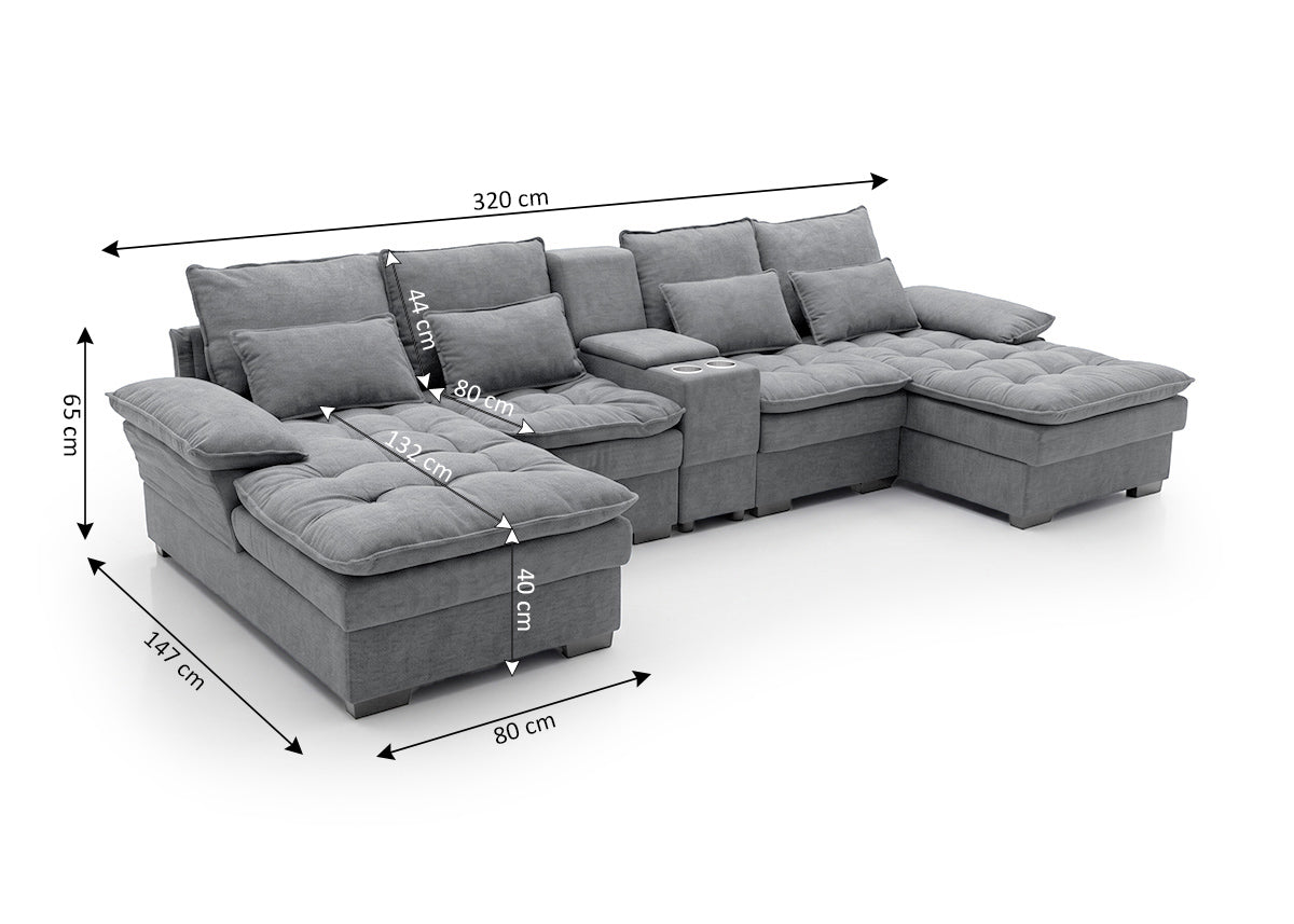 Sofa Doble Chaise Longue Stefano Gris + Portavasos 320cm
