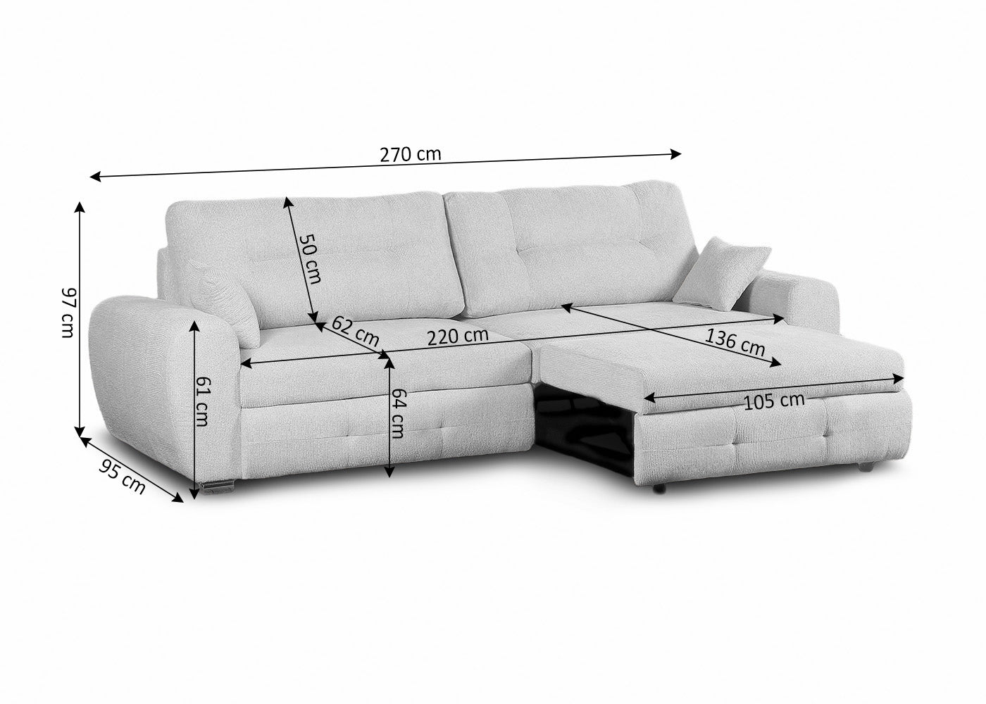 Sofa Chaise Longue con Arcon Lila Gris 270cm
