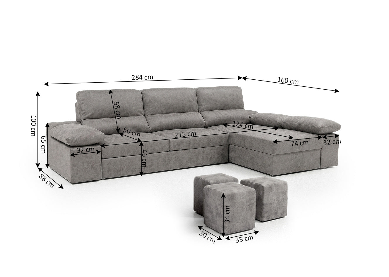 Sofa Cama Chaise Longue Reversible Dave Gris 284cm, Arcon + Puff