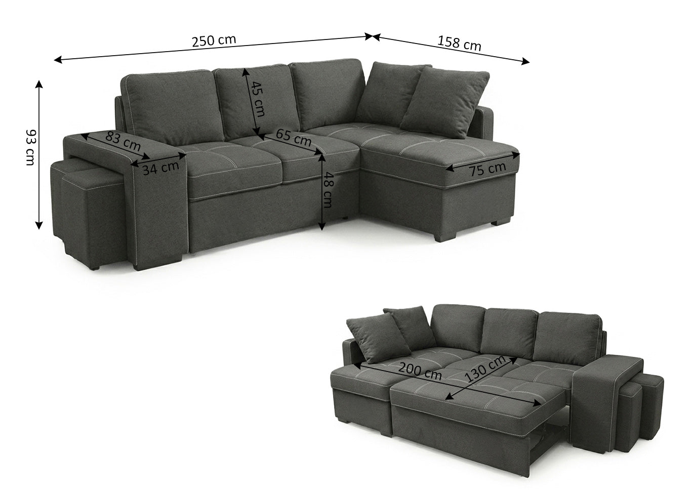 Sofa Cama Chaise Longue Stacy Negro 250cm