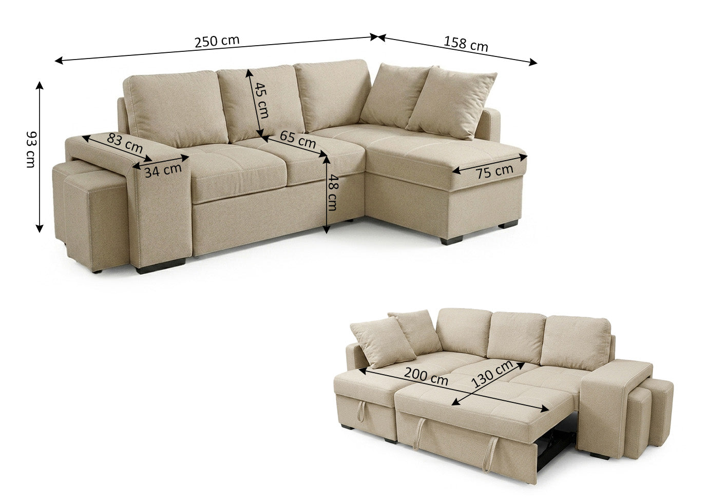 Sofa Cama Chaise Longue Stacy Beige 250cm
