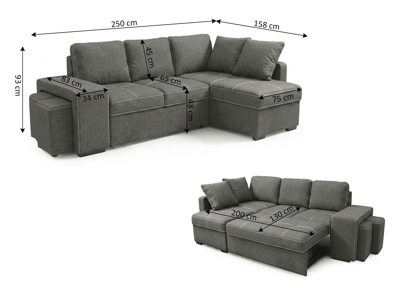 Sofa Cama Chaise Longue Stacy 250cm Gris Oscuro