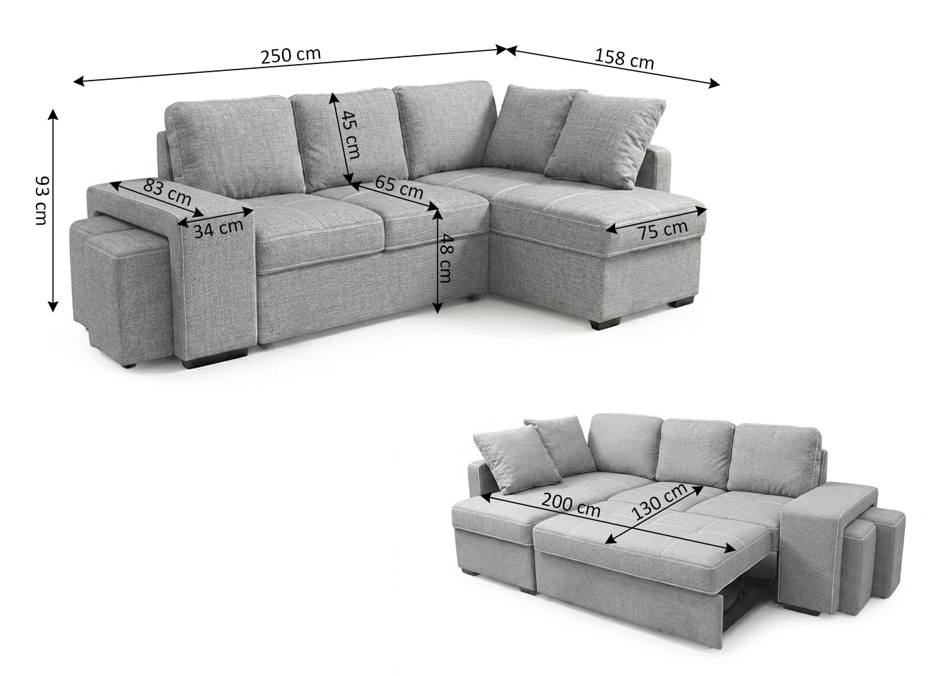 Sofa Cama Chaise Longue Stacy 250cm Gris Claro