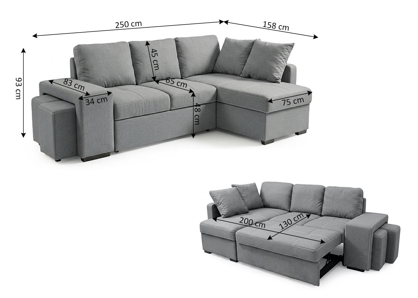 Sofa Cama Chaise Longue Stacy 250cm Gris