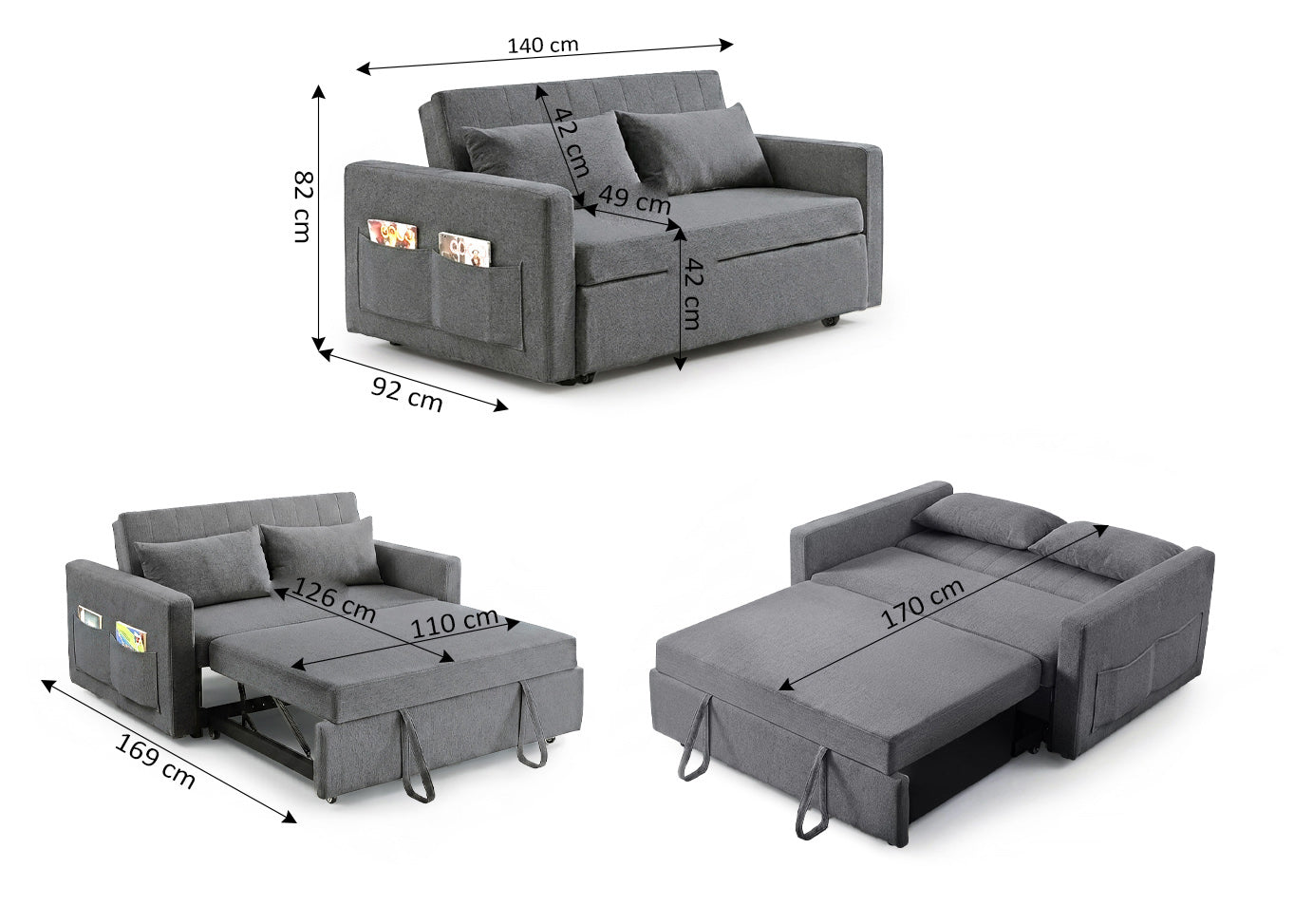 Sofa Cama de Matrimonio Tarantino Gris 140cm