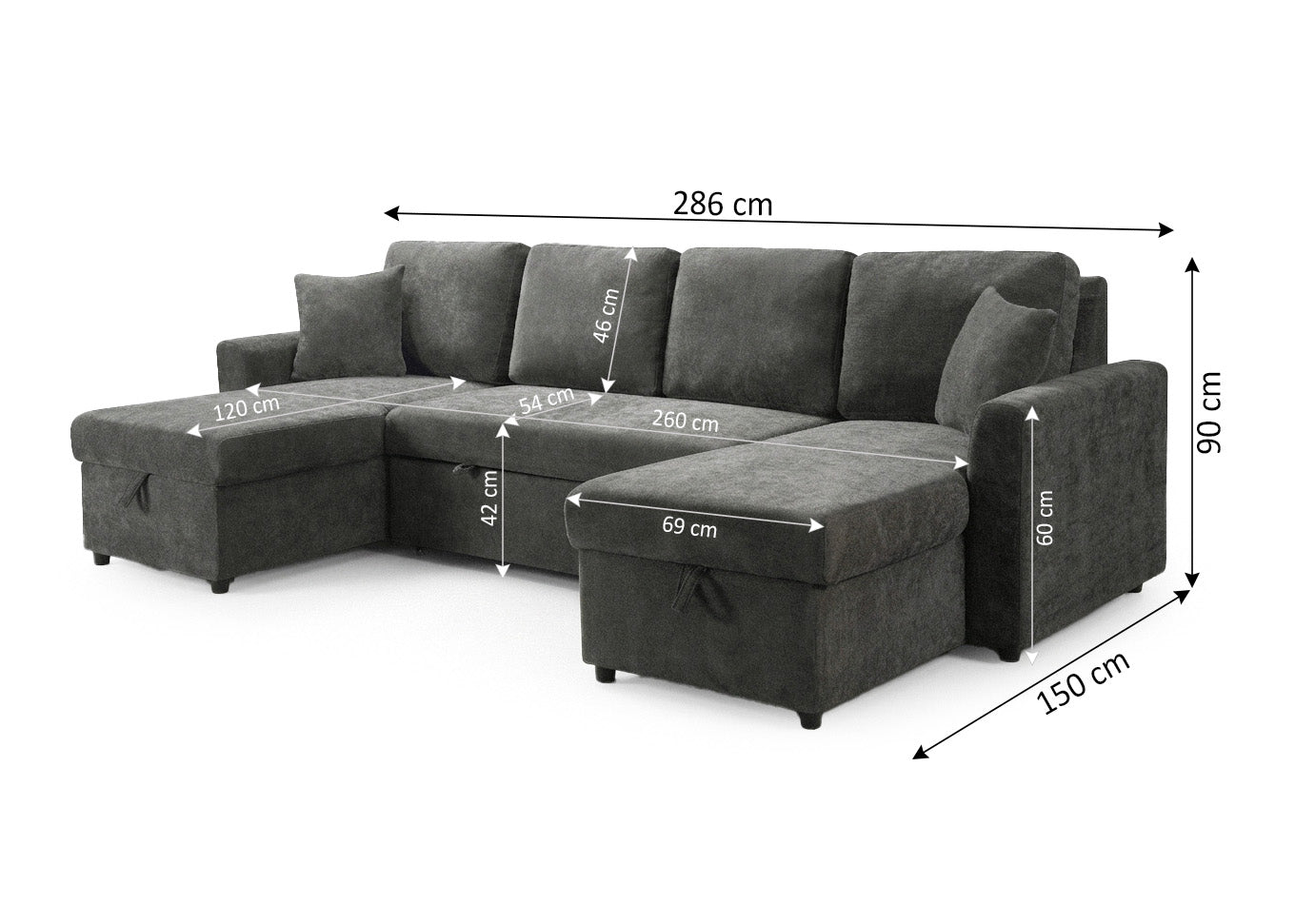 Sofa Doble Chaise Longue Utah, con Arcon 286cm Gris