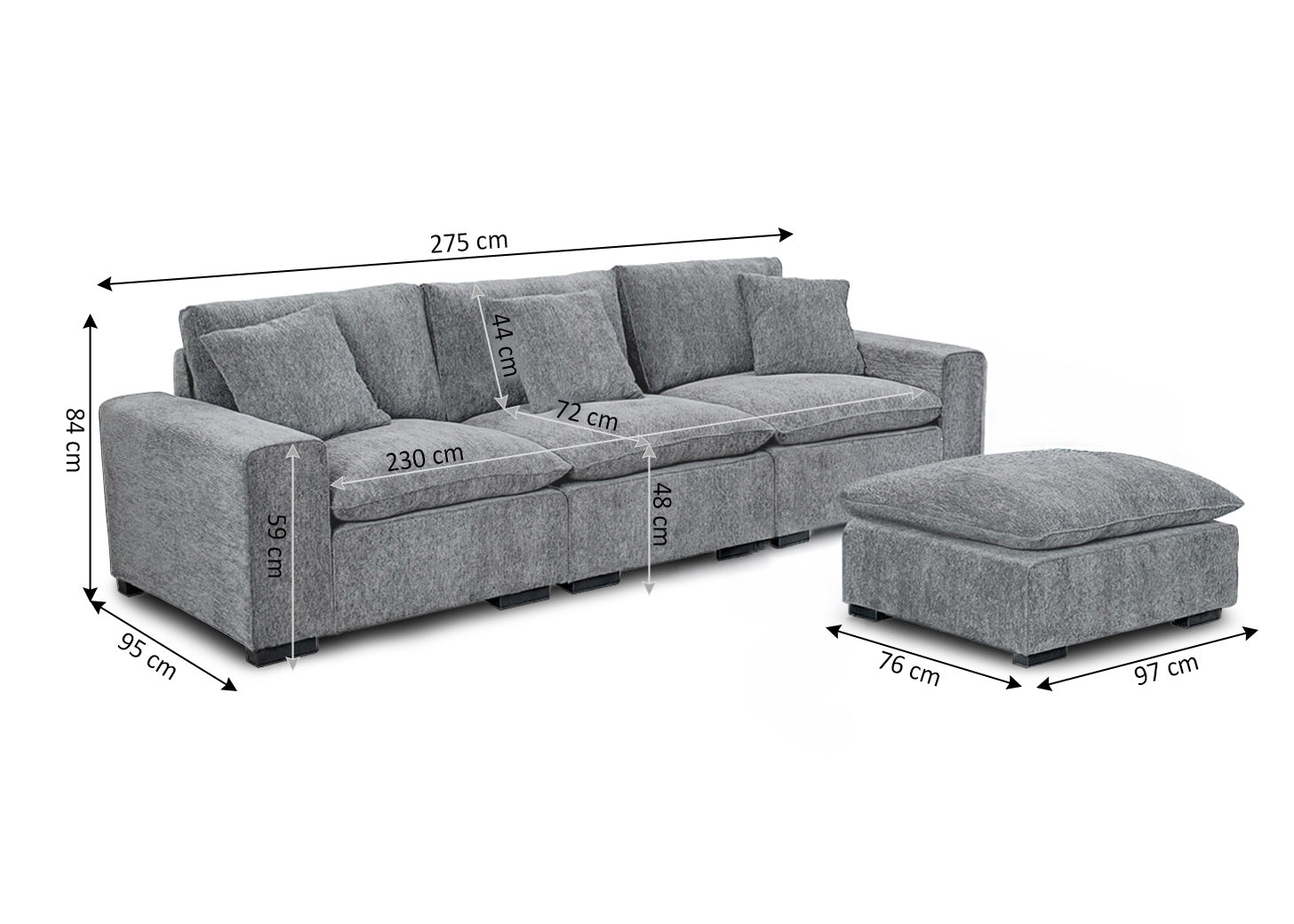 Sofa Chaise Longue Modular Sophie Gris 275cm