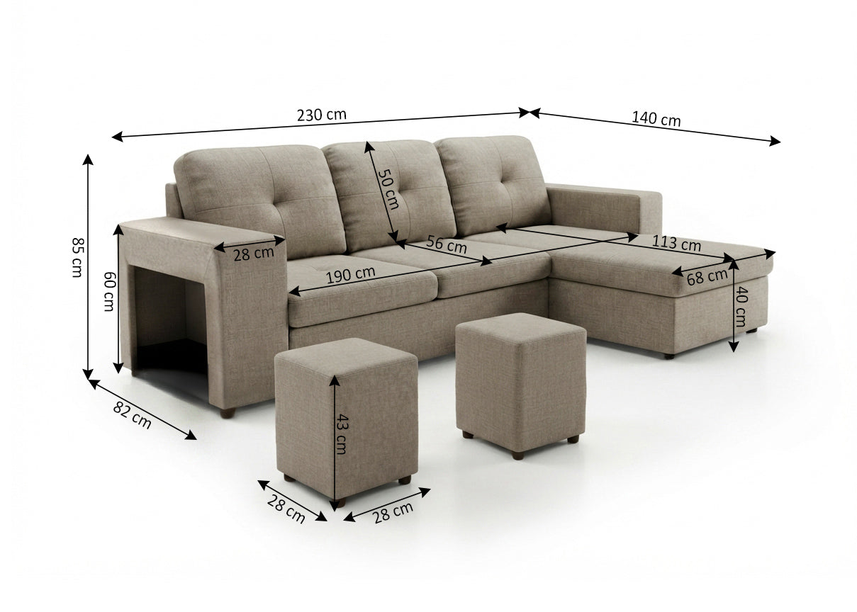 Sofa Cama Chaise Longue Reversible Suiza 230cm, Arcon + Puff