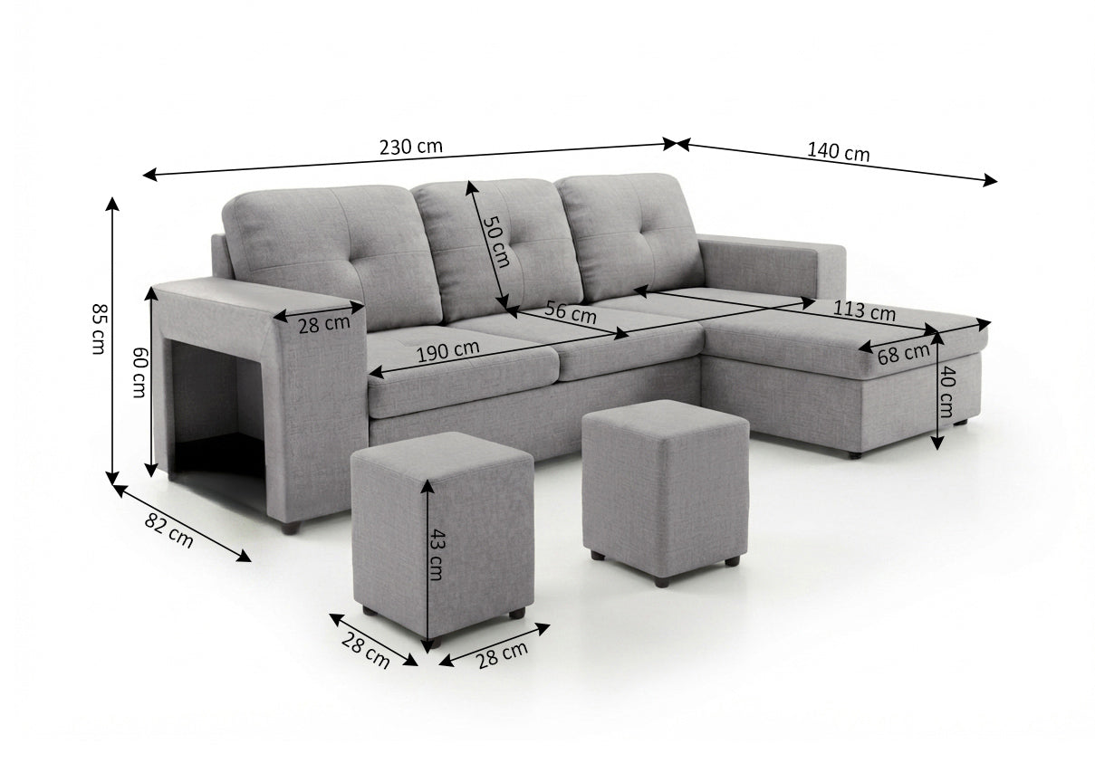 Sofa Cama Chaise Longue Reversible Suiza 230cm, Arcon + Puff Gris