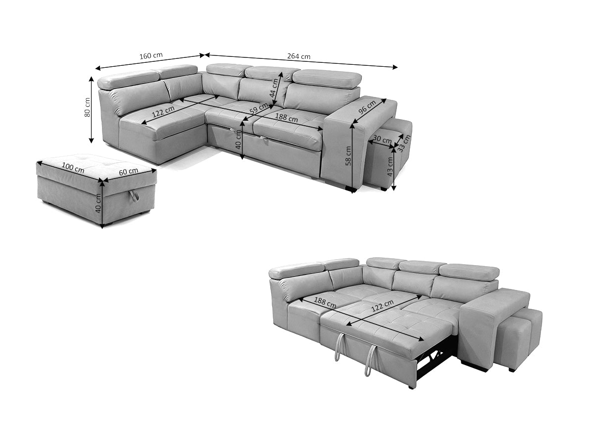 Sofa Cama Rinconera Teen Marron, Puf con Arcon 264cm