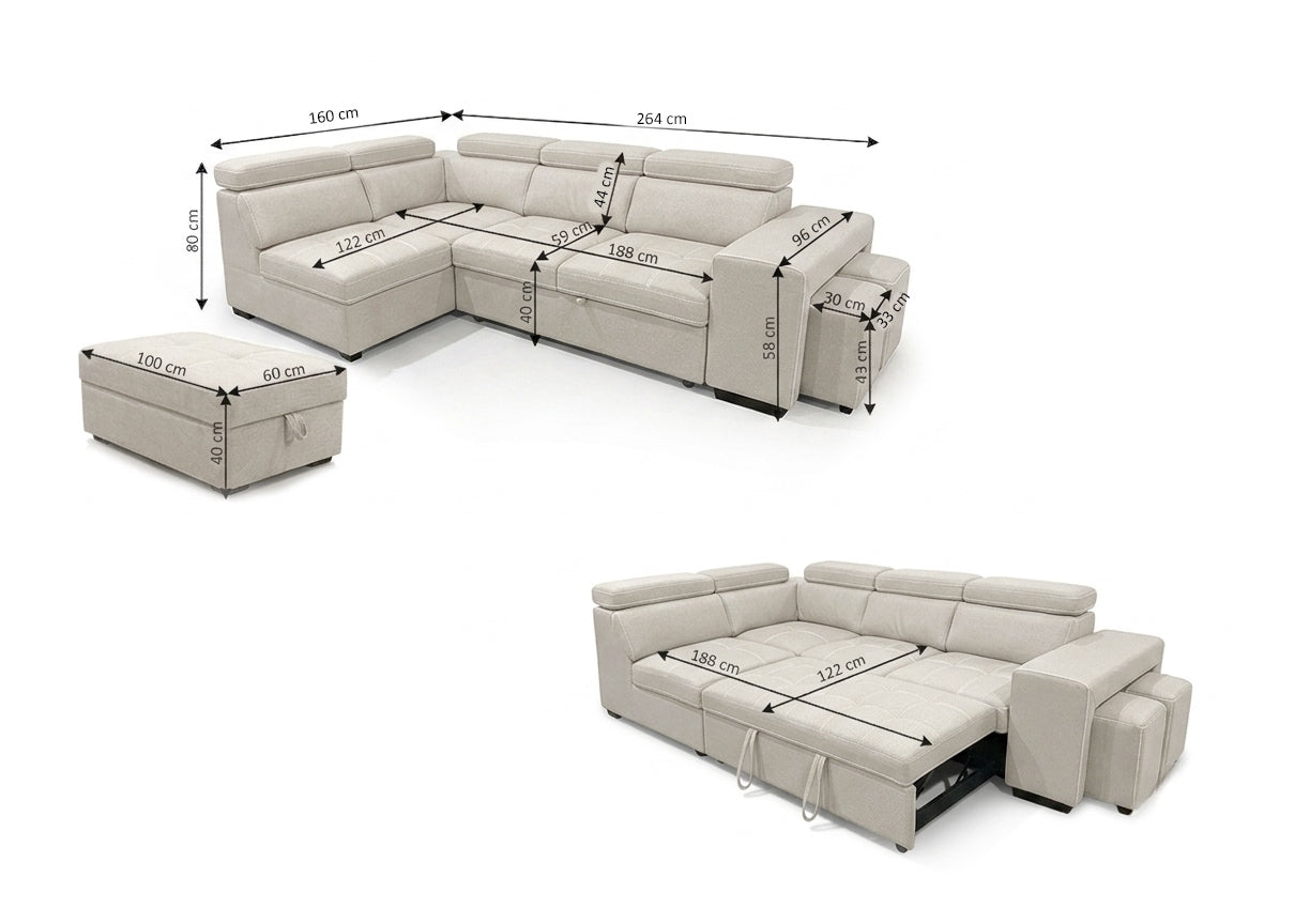 Sofa Cama Rinconera Teen + Puf con Arcon 264cm Beige