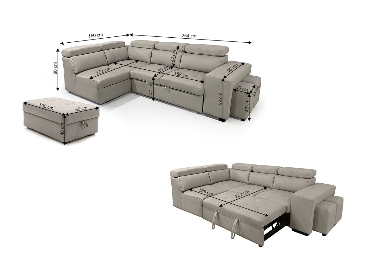 Sofa Cama Rinconera Teen Beige, Puf con Arcon 264cm
