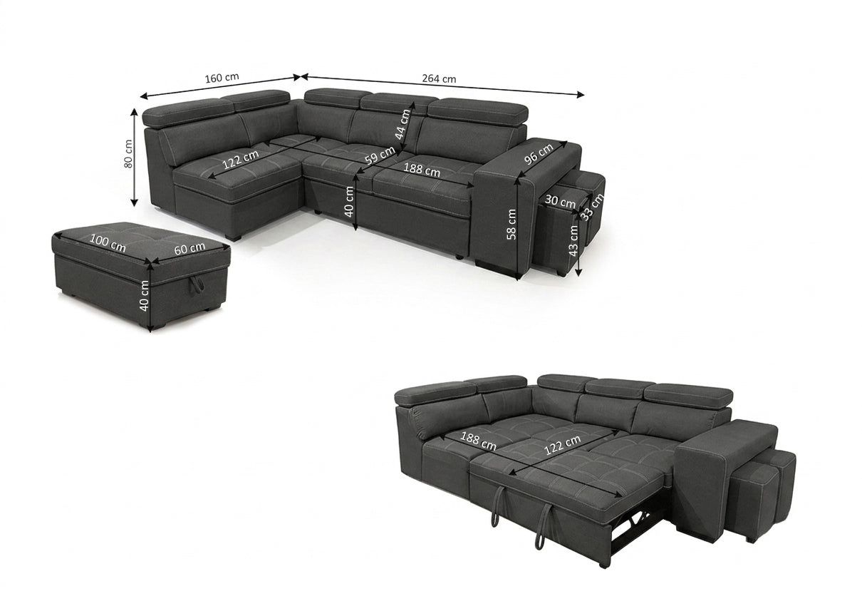 Sofa Cama Rinconera Teen + Puf con Arcon 264cm Negro