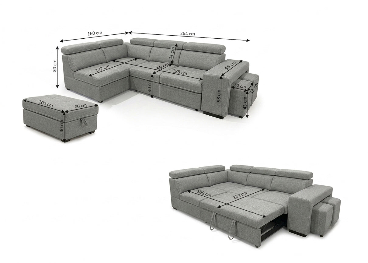 Sofa Cama Rinconera Teen + Puf con Arcon 264cm Gris
