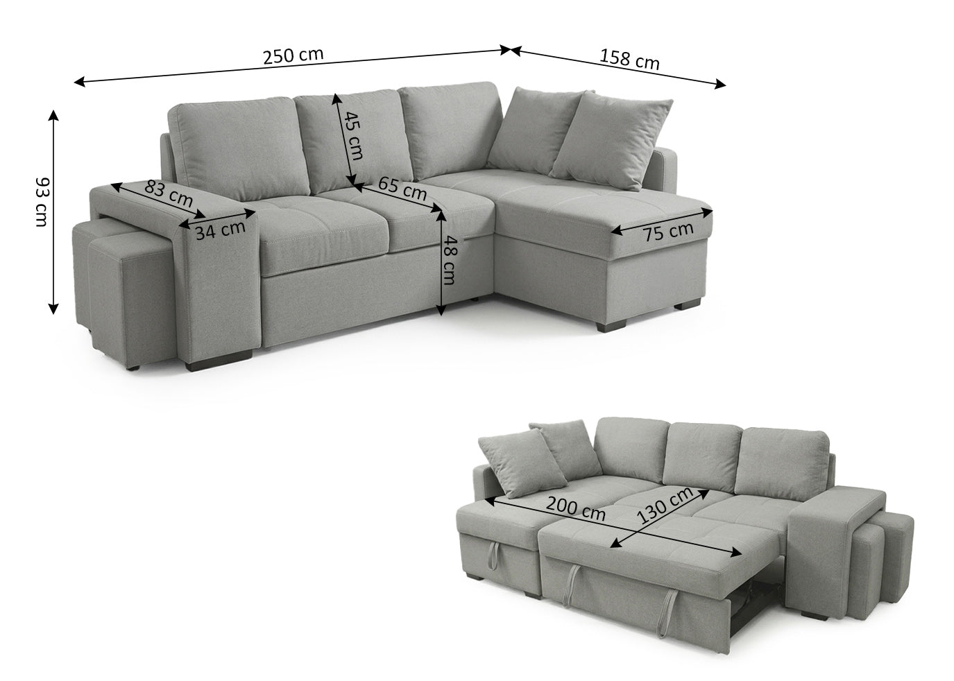 Sofa Cama Chaise Longue Stacy Gris 250cm