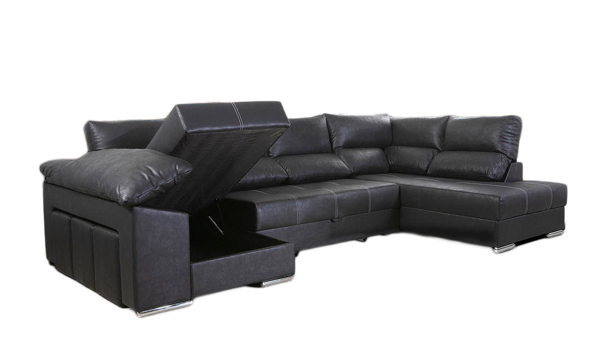 Sofa Cama Chaise Longue Cloud 345cm. Rinconera, con Arcon + 3 puffs