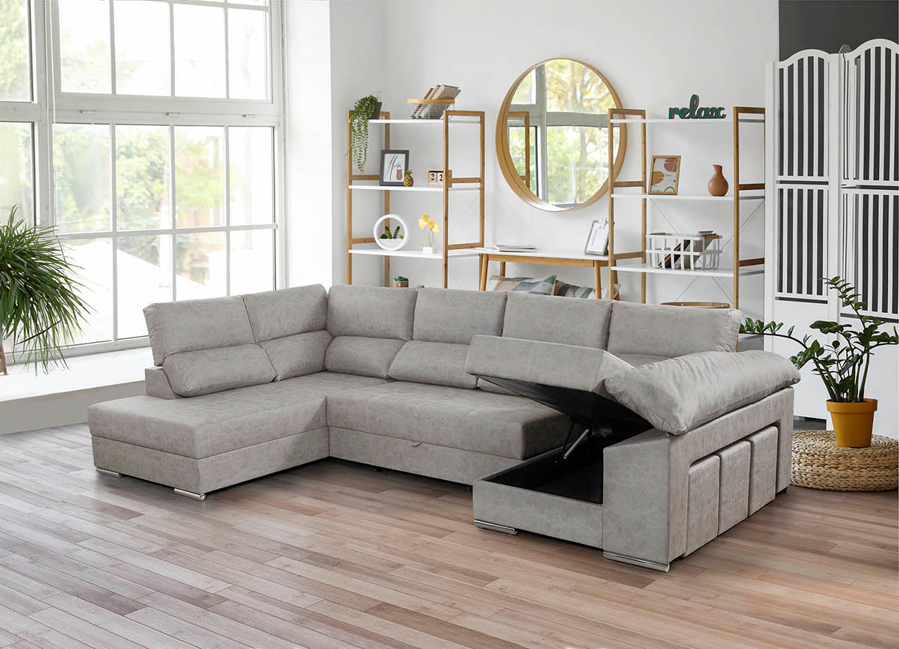 Sofa Cama Chaise Longue Cloud 345cm. Rinconera, con Arcon + 3 puffs