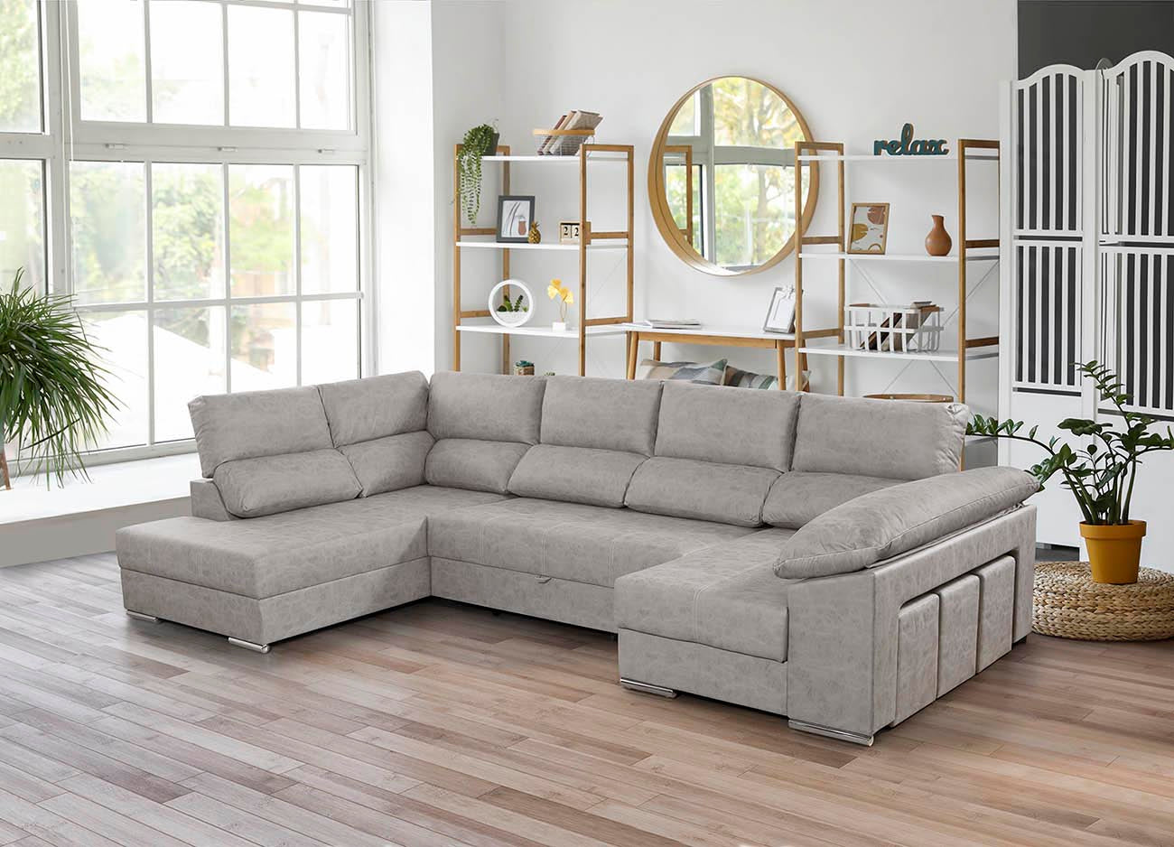 Sofa Cama Chaise Longue Cloud 345cm. Rinconera, con Arcon + 3 puffs