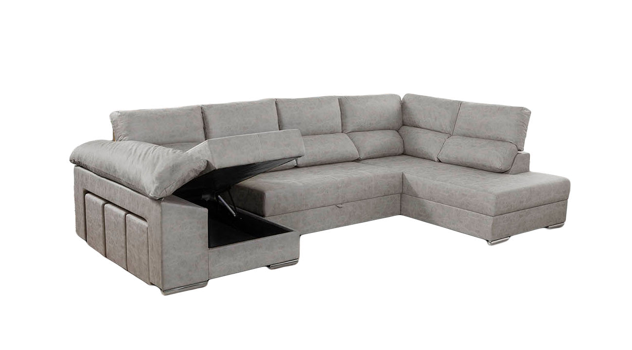 Sofa Cama Chaise Longue Cloud 345cm. Rinconera, con Arcon + 3 puffs