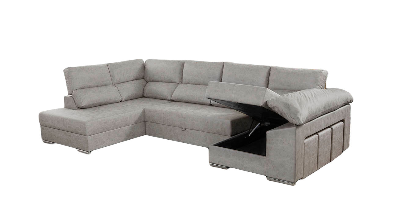 Sofa Cama Chaise Longue Cloud 345cm. Rinconera, con Arcon + 3 puffs