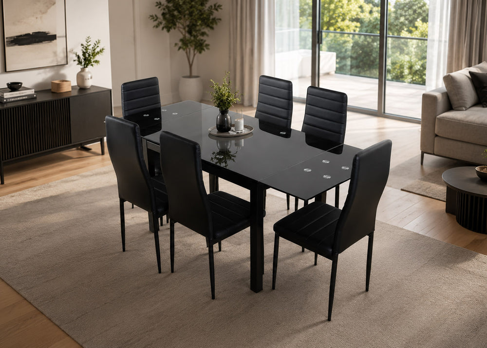 Mesa de Cristal Extensible 170cm + 6 Sillas Polipiel