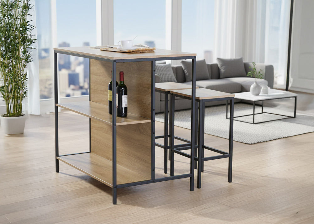 Mesa de Bar em Madeira e Metal + 2 Bancos Nancy, Design Industrial