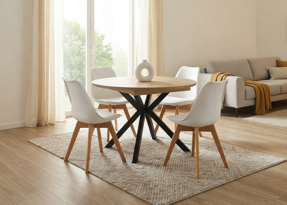 Pack Mesa Redonda Extensible Dalia + 4 Sillas Blancas. Comedor o Cocina