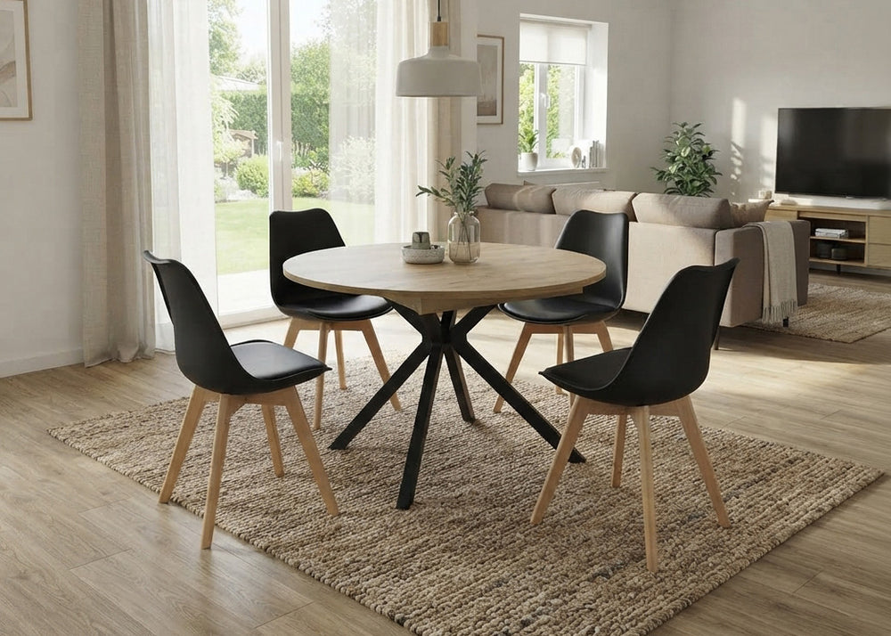 Pack Mesa Redonda Extensible Dalia + 4 Sillas Negras. Comedor o Cocina
