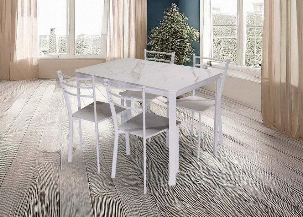 Conjunto de Mesa y 4 Sillas, Diseño Marmol Blanco y Metal. Comedor o Cocina