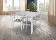 Conjunto de Mesa y 4 Sillas, Efecto Marmol Blanco y Metal. Comedor o Cocina