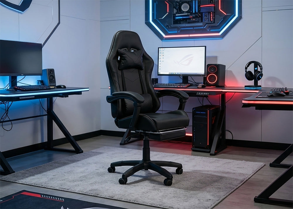 Cadeira Gaming Ergonómica e Giratória Cueva Preta. Apoio de pés + Regulável em altura