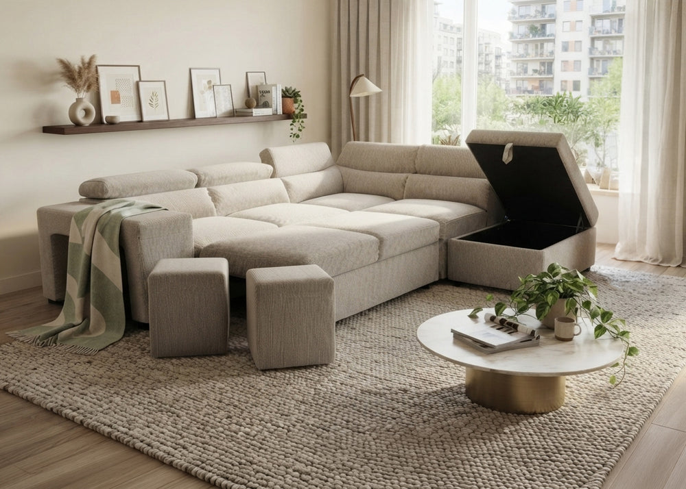 Sofá-Cama de Canto Ander + Pufe com Arrumação 260cm