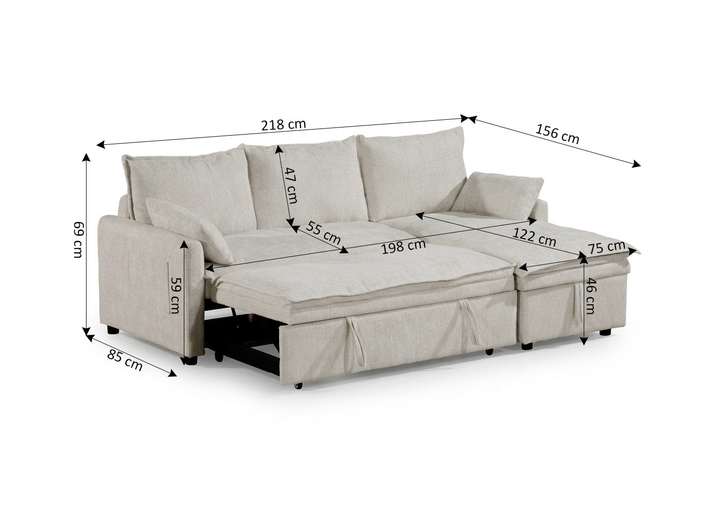 Sofa Cama Chaise Longue Karl 218cm Beige