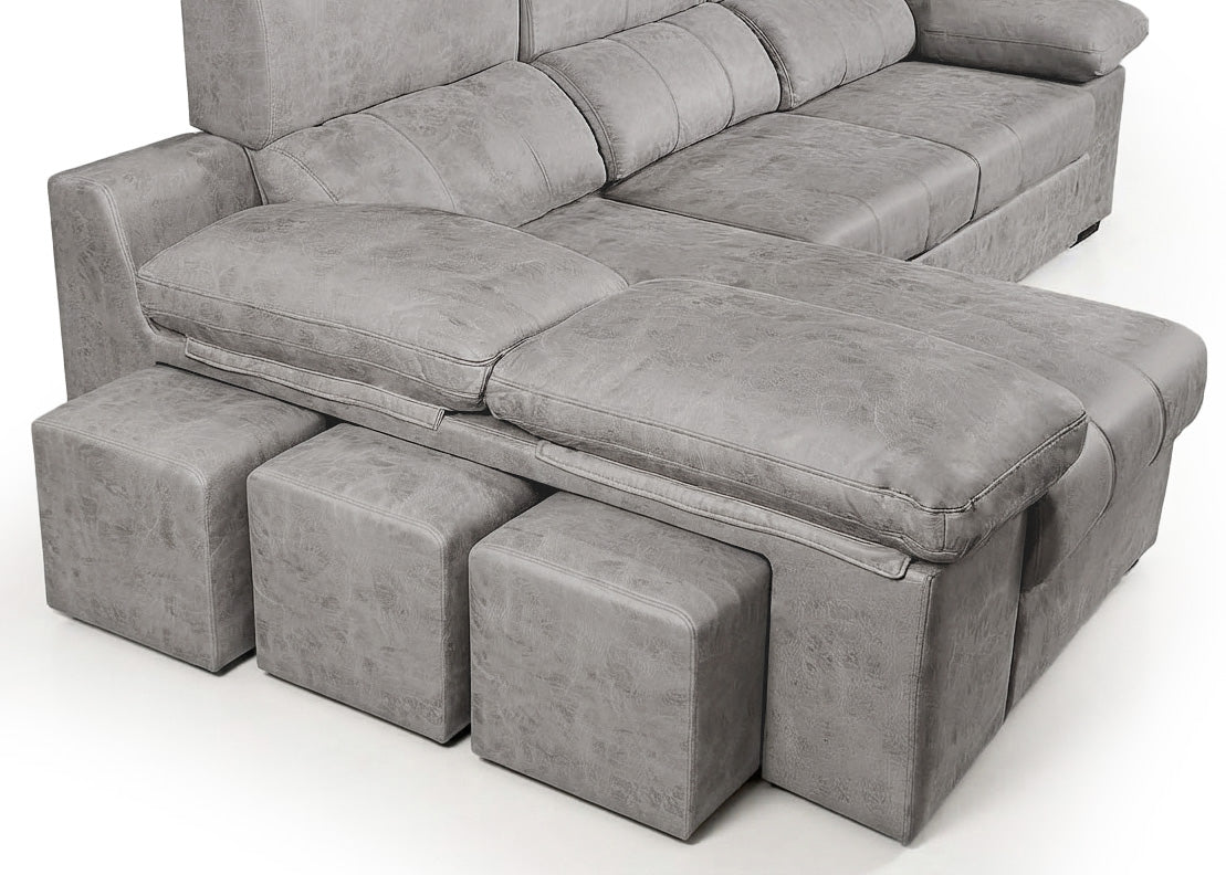 Sofa Cama Chaise Longue Reversible Dave Gris 284cm, Arcon + Puff