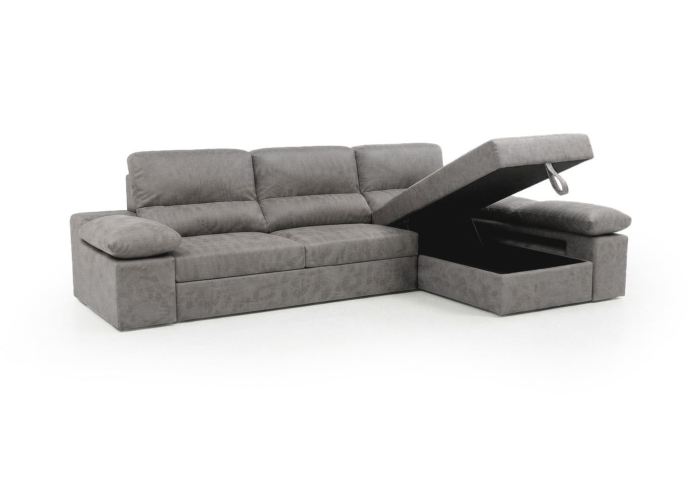Sofa Cama Chaise Longue Reversible Dave Gris 284cm, Arcon + Puff