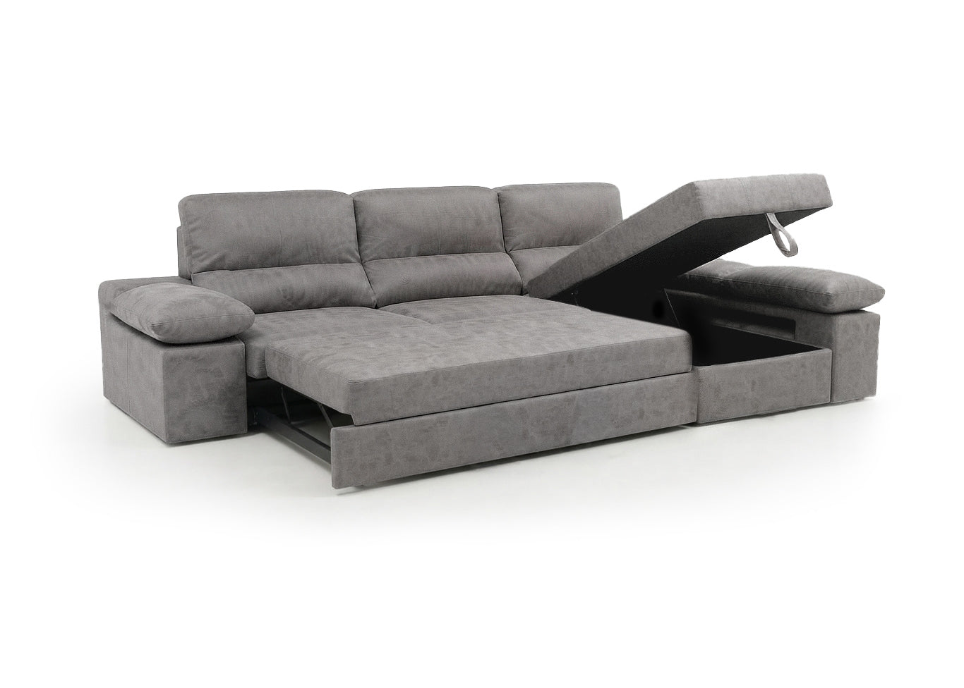 Sofa Cama Chaise Longue Reversible Dave Gris 284cm, Arcon + Puff