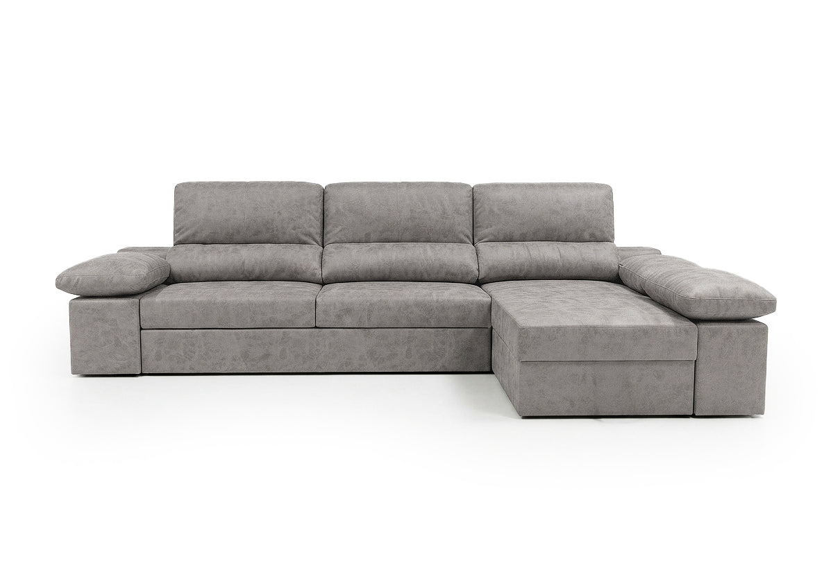 Sofa Cama Chaise Longue Reversible Dave Gris 284cm, Arcon + Puff