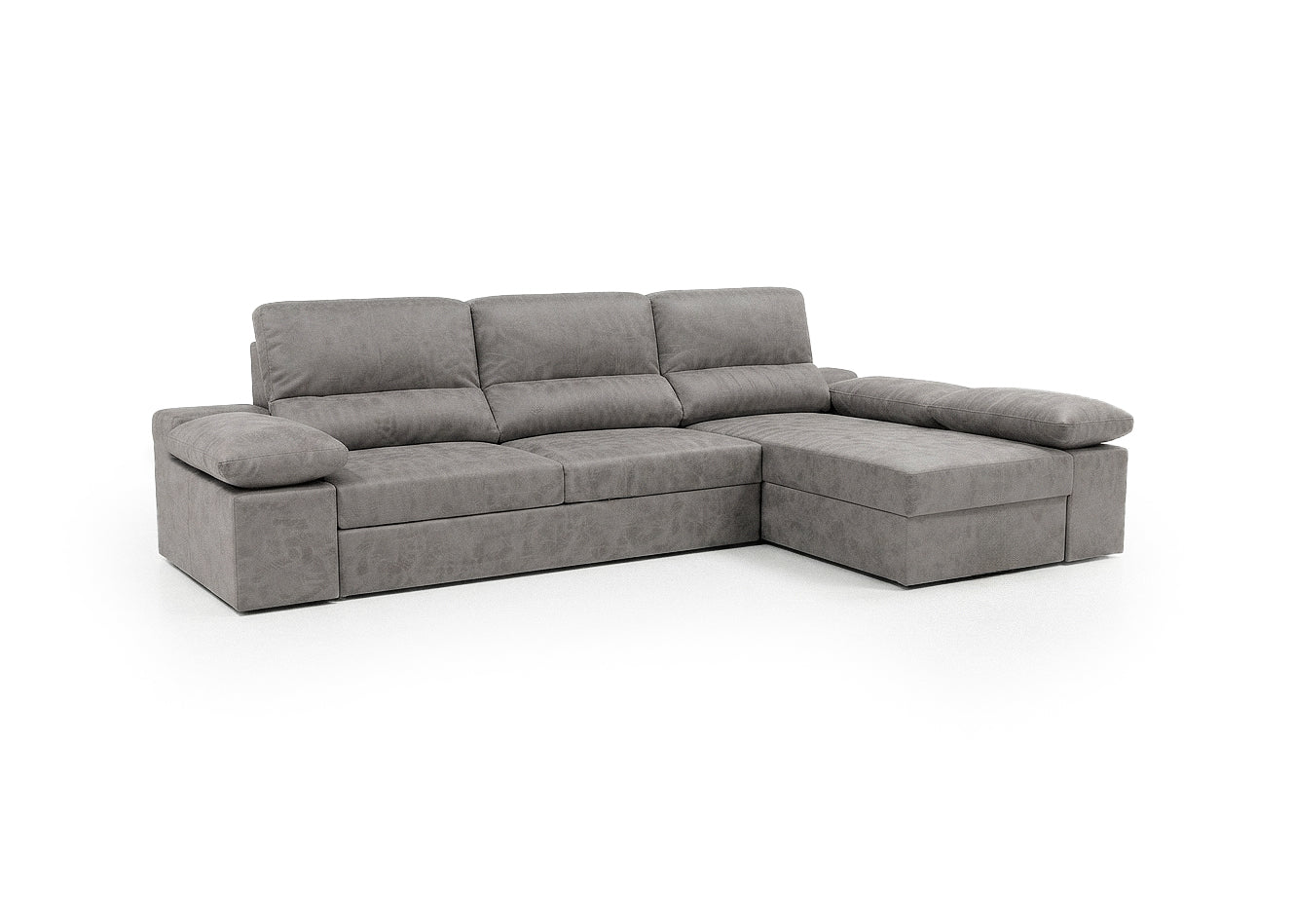 Sofa Cama Chaise Longue Reversible Dave Gris 284cm, Arcon + Puff