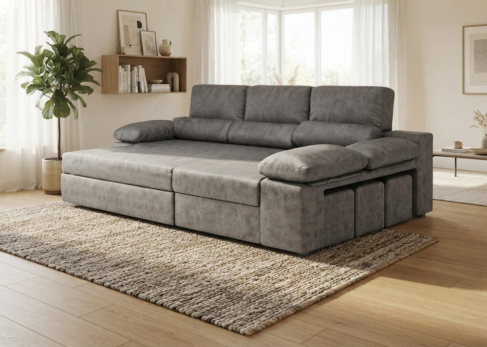Sofa Cama Chaise Longue Reversible Dave Gris 284cm, Arcon + Puff