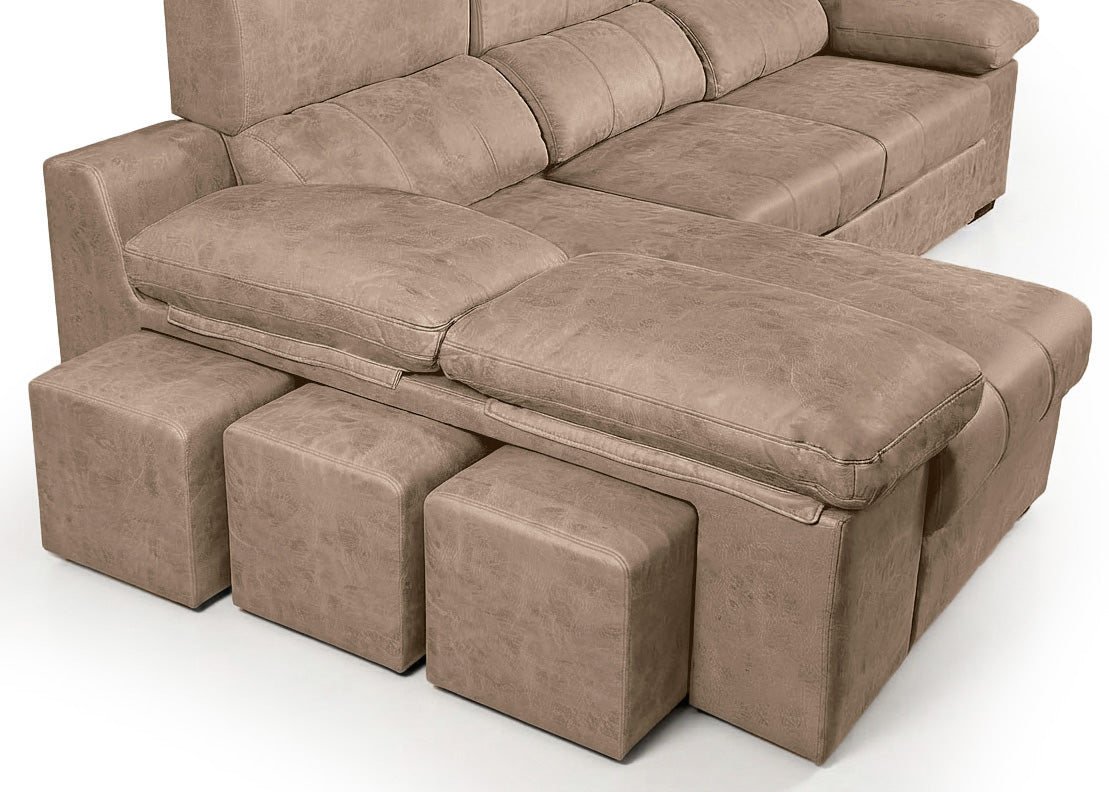 Sofa Cama Chaise Longue Reversible Dave 284cm, Arcon + Puff