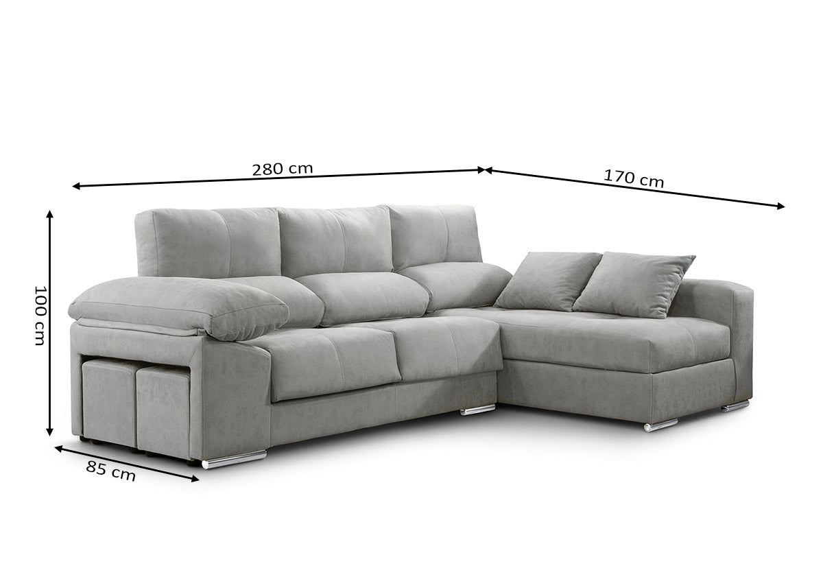 Canapé Méridienne Copi 280cm. Fauteuil inclinable, +2 poufs